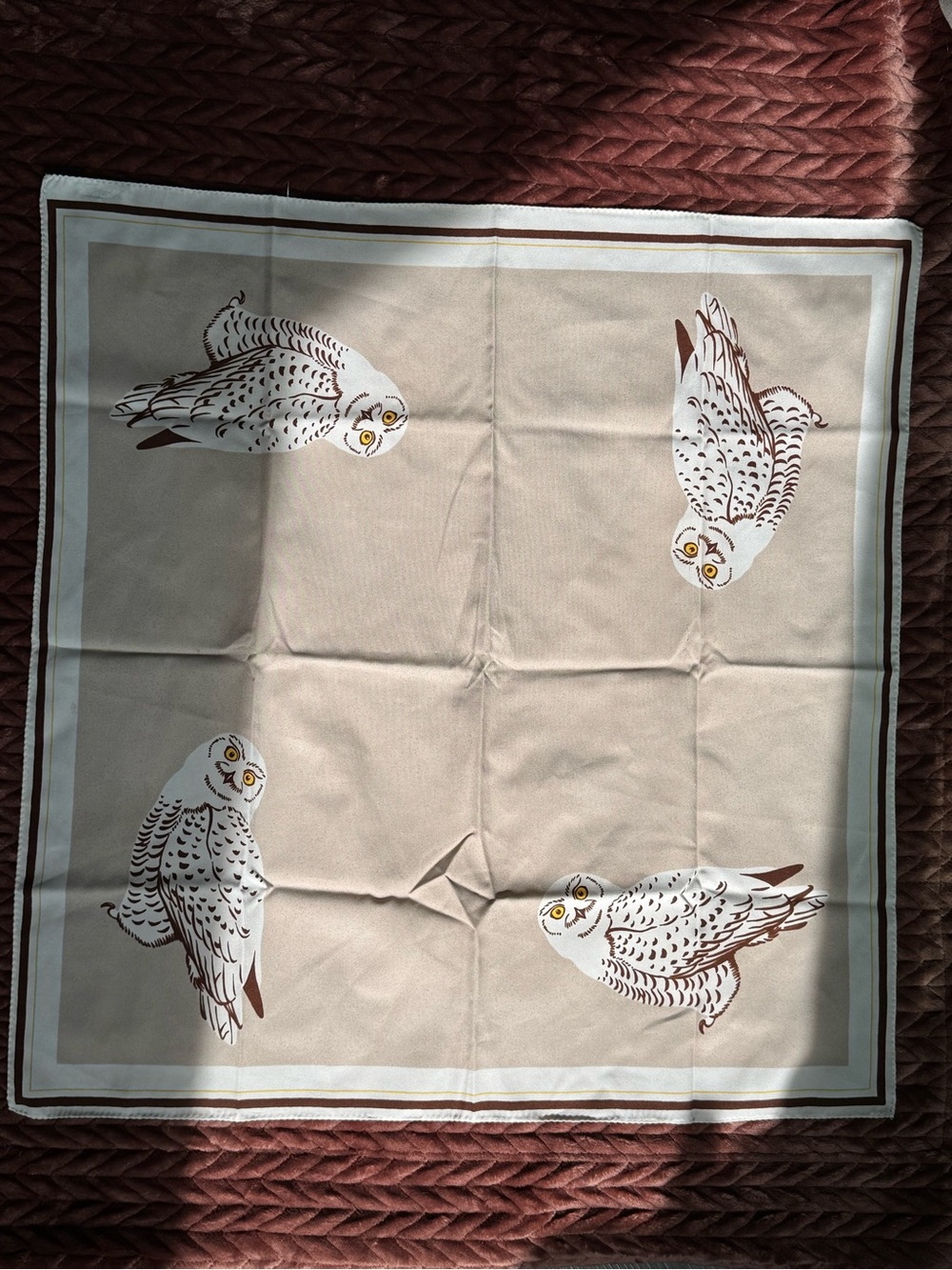 Bergdorf Goodman Silk Scarf 28” Square Snowy Owl Bird Print Beige Brown